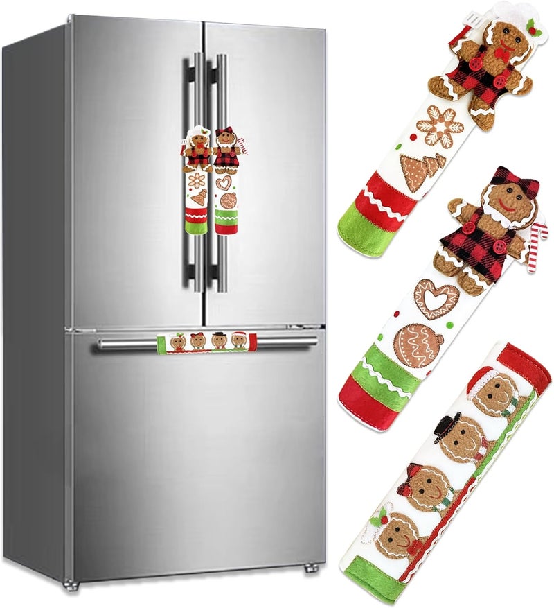 PTFNY 3 Piece Set Christmas Gingerbread Refrigerator Door Handle Covers Appliance Handle Covers Christmas Gingerbread Decorations Fits Standard Size Kitchen Refrigerator Microwave Oven Or Dishwasher - Image 1